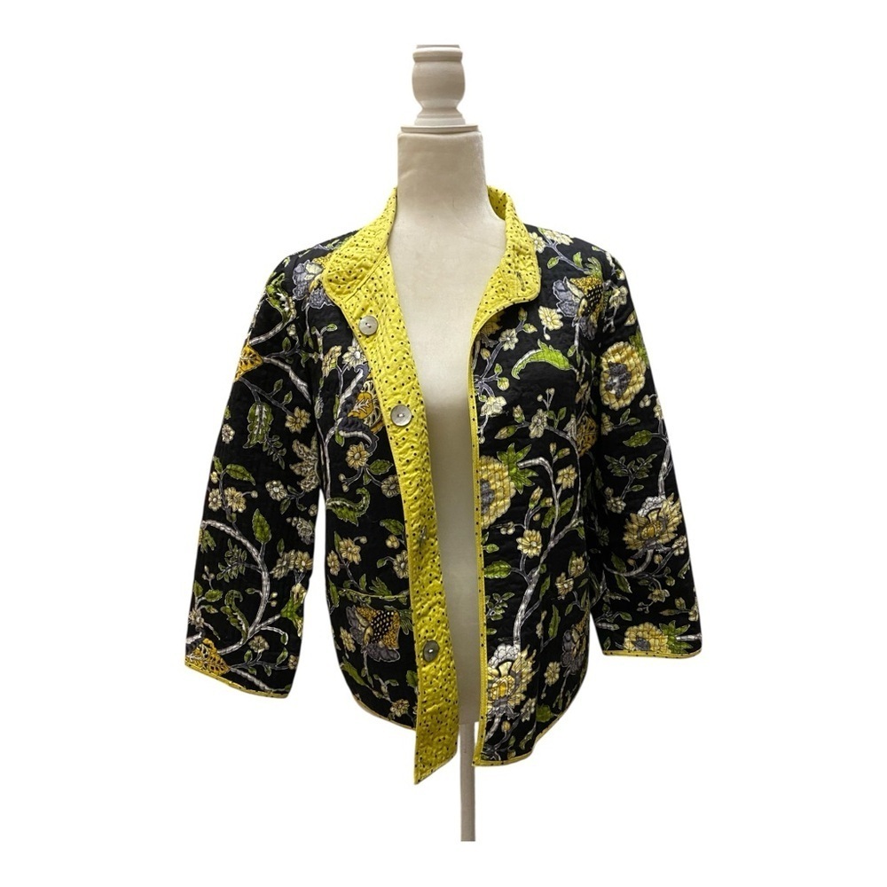 Patty Kim Lightly Quilted Reversible Floral Jacket Butter Yellow Preppy Cottage